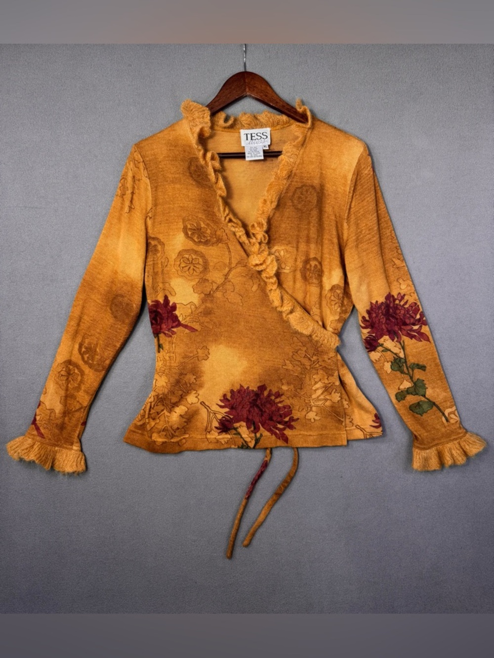 VINTAGE Tess Dress Silk Wool Blend Mustard Floral Wrap Top with Tie Back, XL